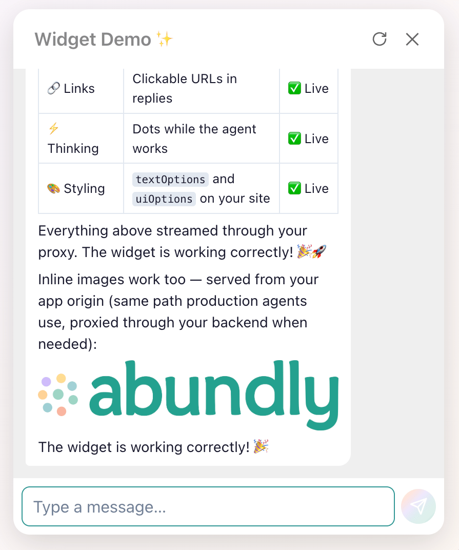 Chat widget panel showing a streamed conversation with markdown, links, images, and a processing indicator