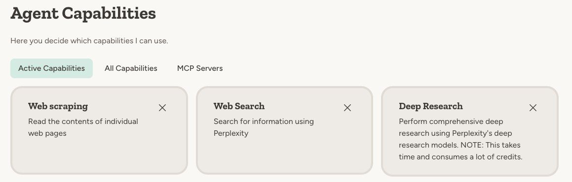 Search capabilities showing Web scraping, Web Search, and Deep Research options