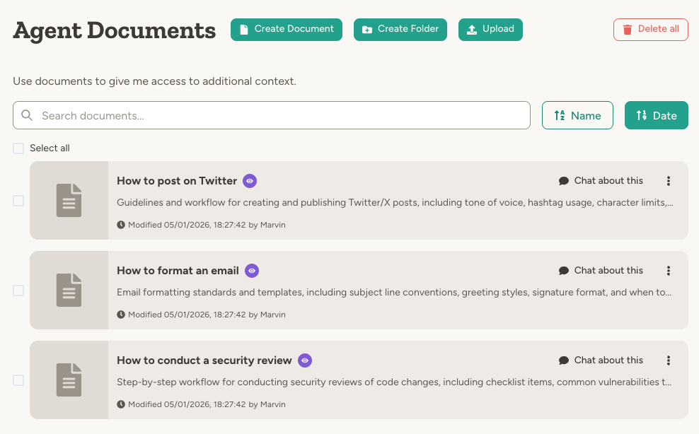 Agent documents containing task-specific instructions: How to post on Twitter, How to format an email, How to conduct a security review