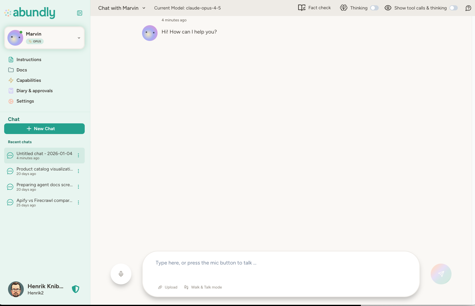 The agent detail view showing chat, instructions, and capabilities