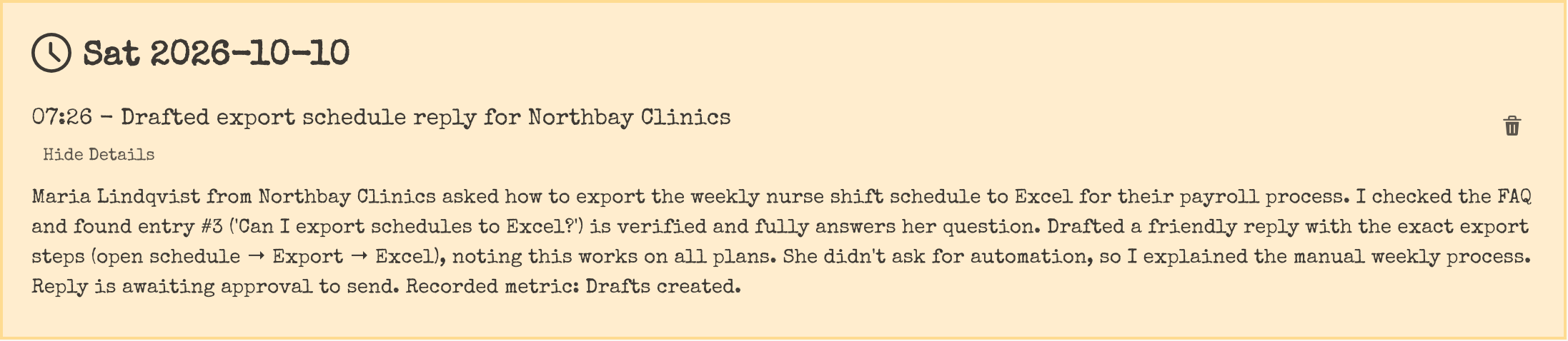 Diary entry from 2026-10-10: the agent drafted an export reply for Northbay Clinics, explaining which FAQ entry it used and that the reply awaits approval
