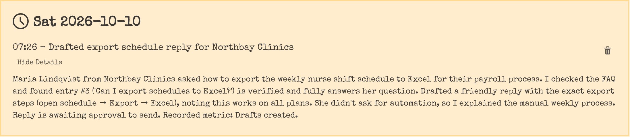 Diary entry from 2026-10-10: the agent drafted an export reply for Northbay Clinics, explaining which FAQ entry it used and that the reply awaits approval