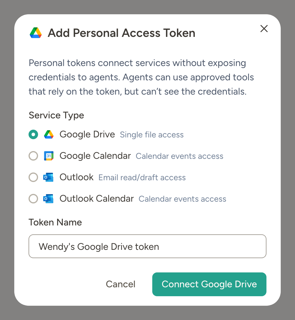 Add Personal Access Token modal showing available OAuth services