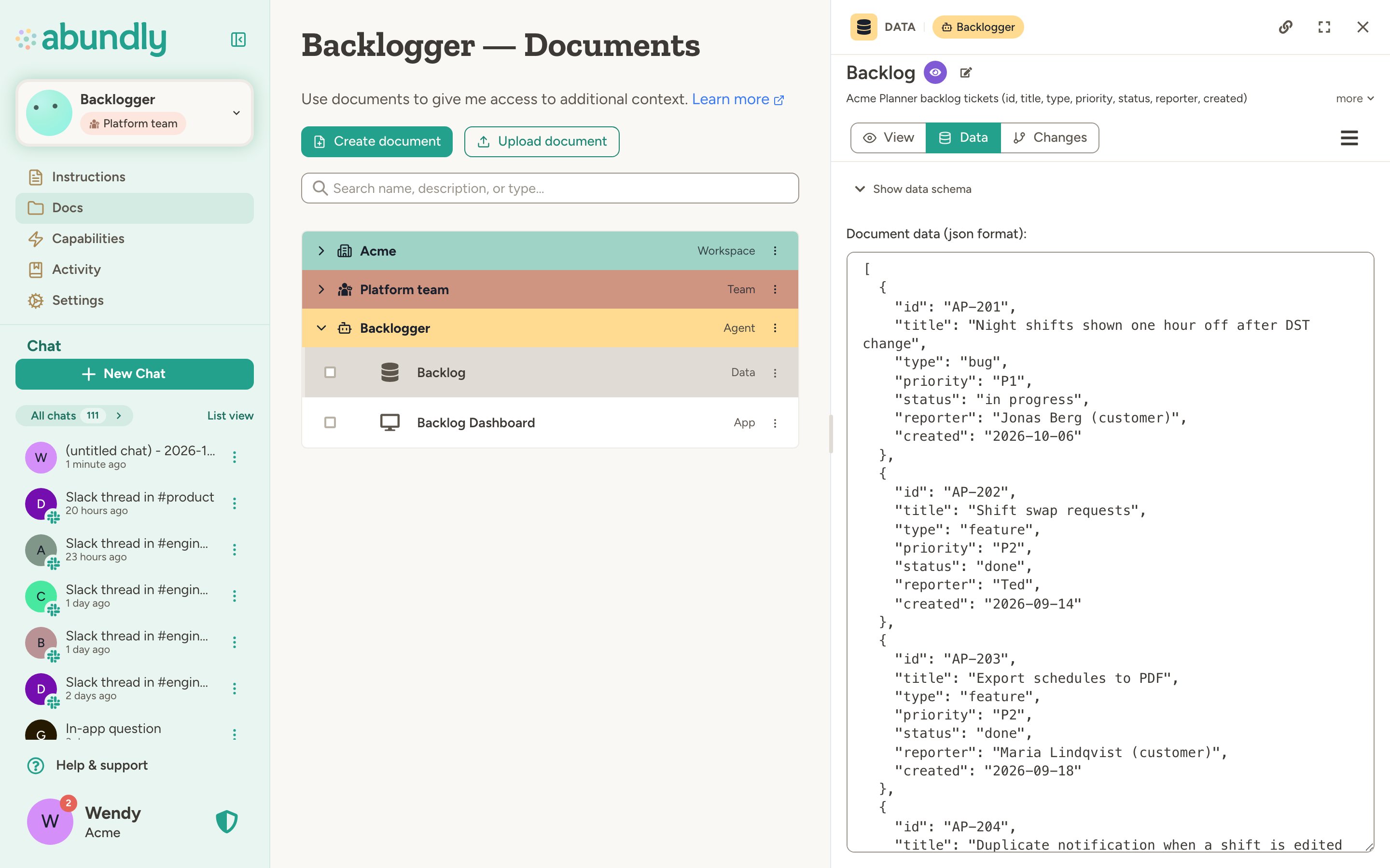 Agent database Data mode showing the backlog tickets as raw JSON