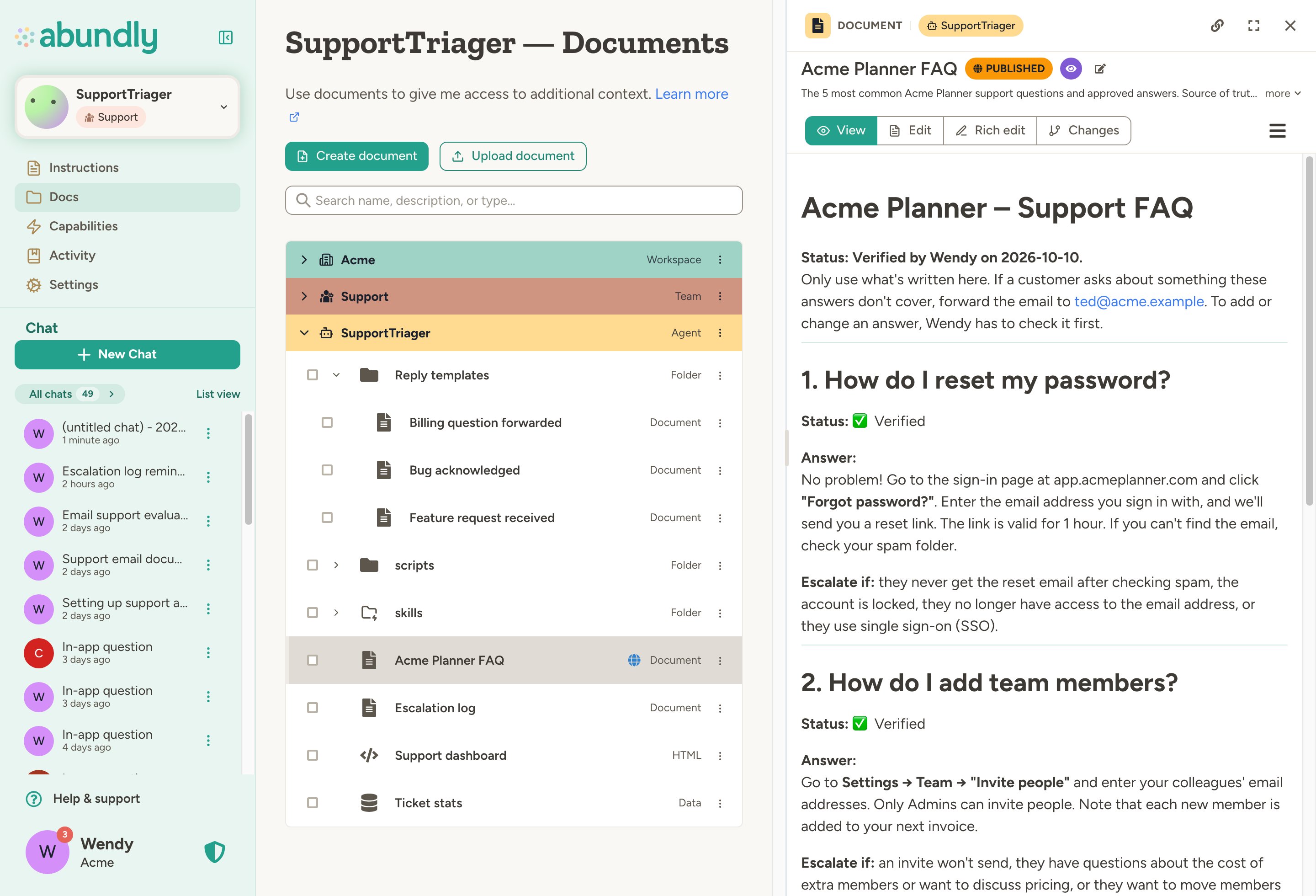 An agent's Documents page with workspace, team and agent libraries, folders for reply templates, scripts and skills, documents, an app and a database, with the published FAQ open in the preview