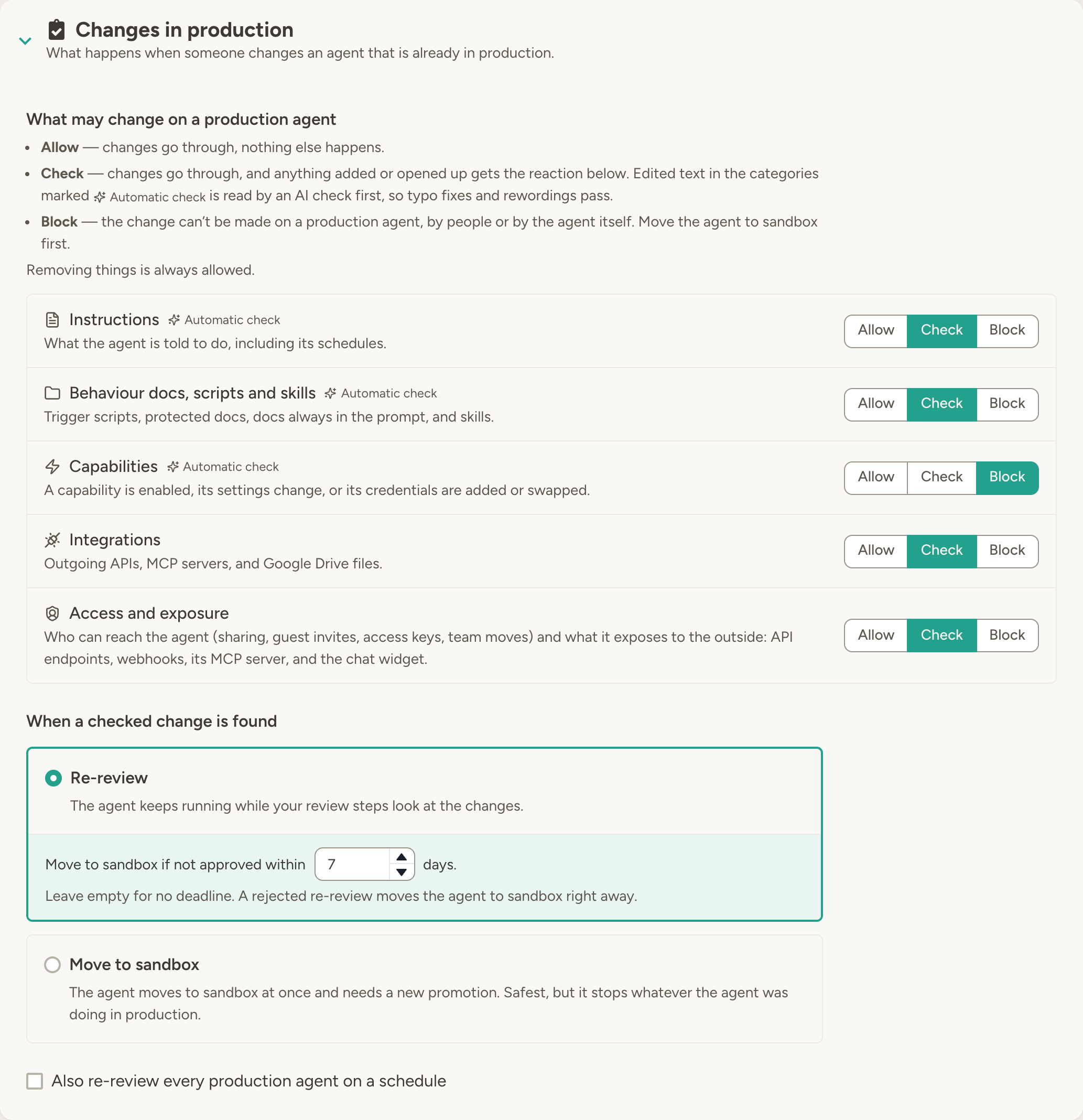 The Changes in production section: Allow, Check and Block explained, the five categories each with its own Allow, Check and Block buttons, and the choice between Re-review while live with a seven-day deadline and Move to sandbox