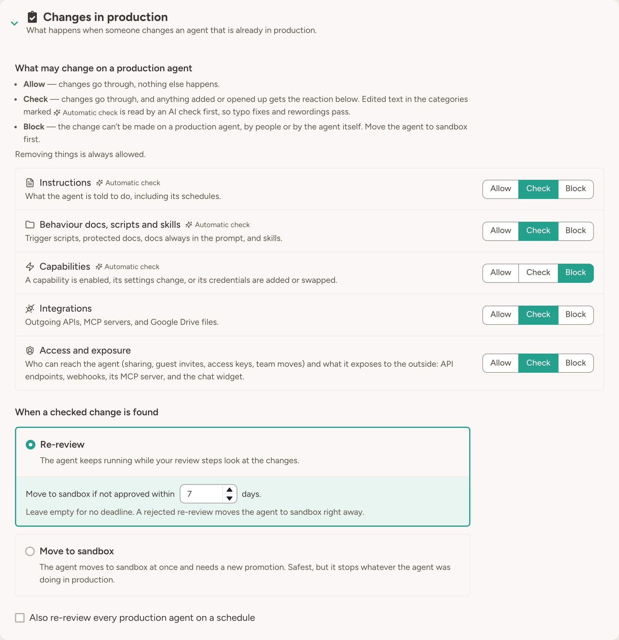 The Changes in production section: Allow, Check and Block explained, the five categories each with its own Allow, Check and Block buttons, and the choice between Re-review while live with a seven-day deadline and Move to sandbox