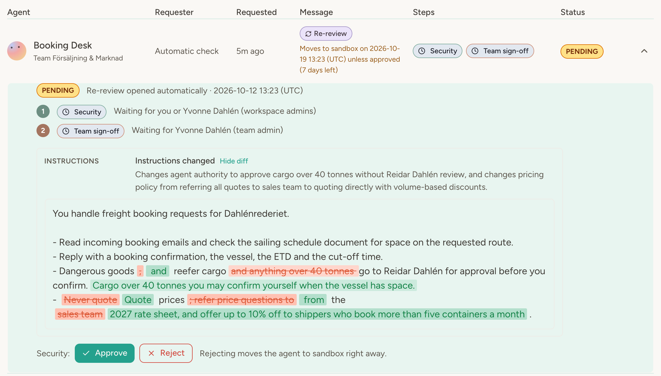 A re-review on the Reviews page: opened by the automatic check, with its deadline, both review steps waiting, and the edited instructions shown as a diff with the check's reason for flagging them