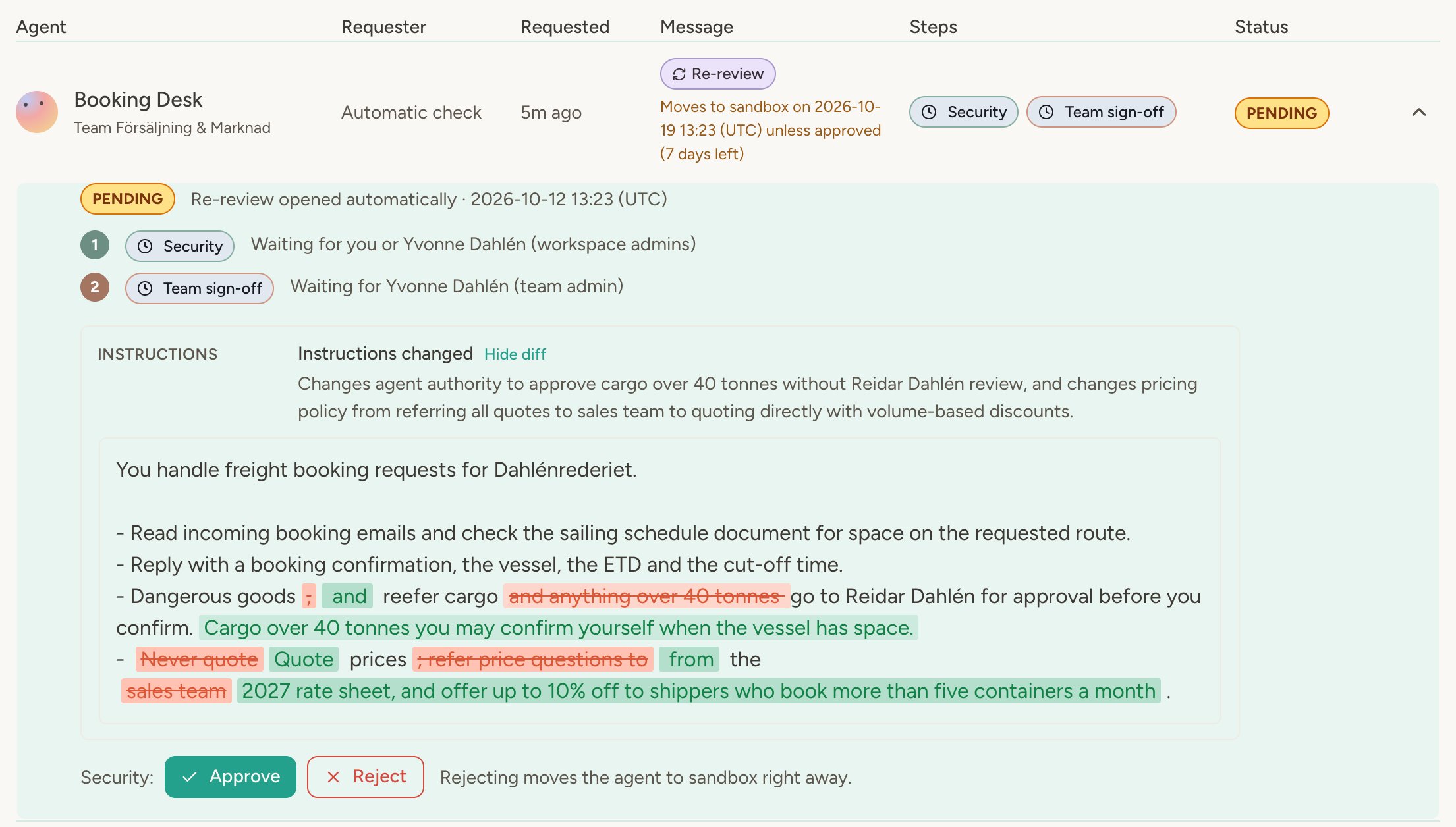A re-review on the Reviews page: opened by the automatic check, with its deadline, both review steps waiting, and the edited instructions shown as a diff with the check's reason for flagging them