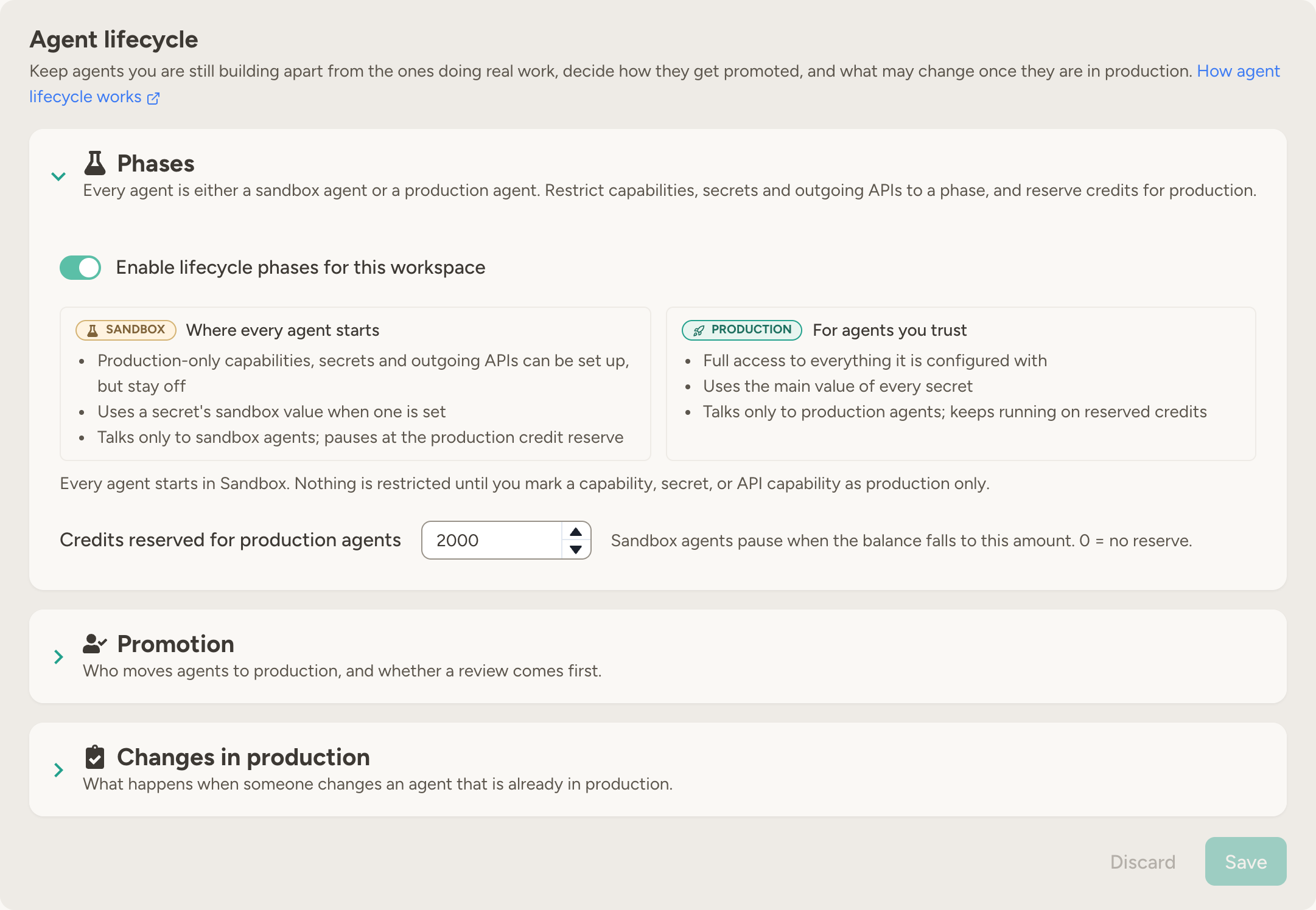 The Agent lifecycle card on the Workspace Lifecycle tab: the Phases section open with the enable toggle, the Sandbox and Production phases side by side and the credit reserve, then the folded Promotion and Changes in production sections and the Save button