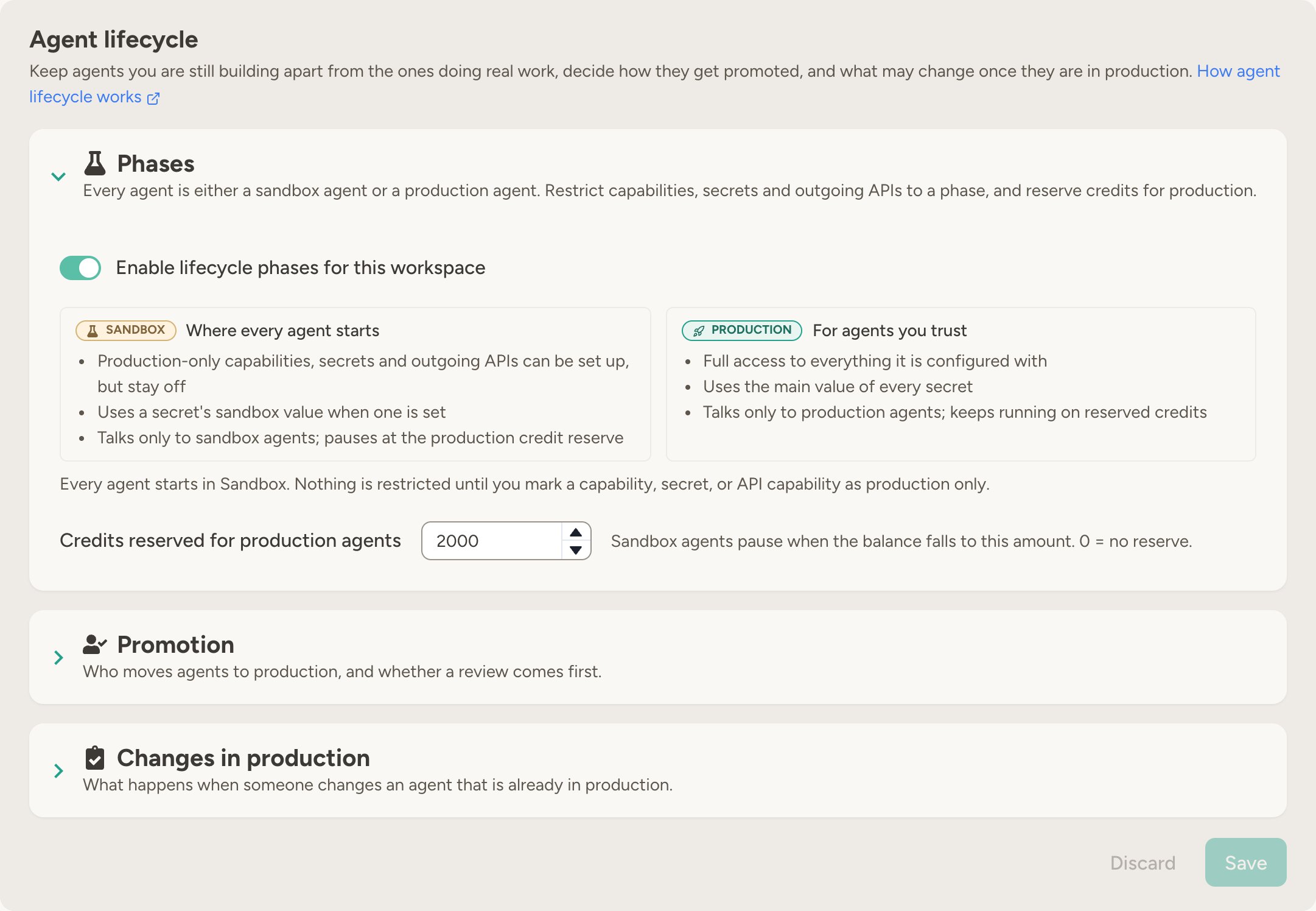 The Agent lifecycle card on the Workspace Lifecycle tab: the Phases section open with the enable toggle, the Sandbox and Production phases side by side and the credit reserve, then the folded Promotion and Changes in production sections and the Save button