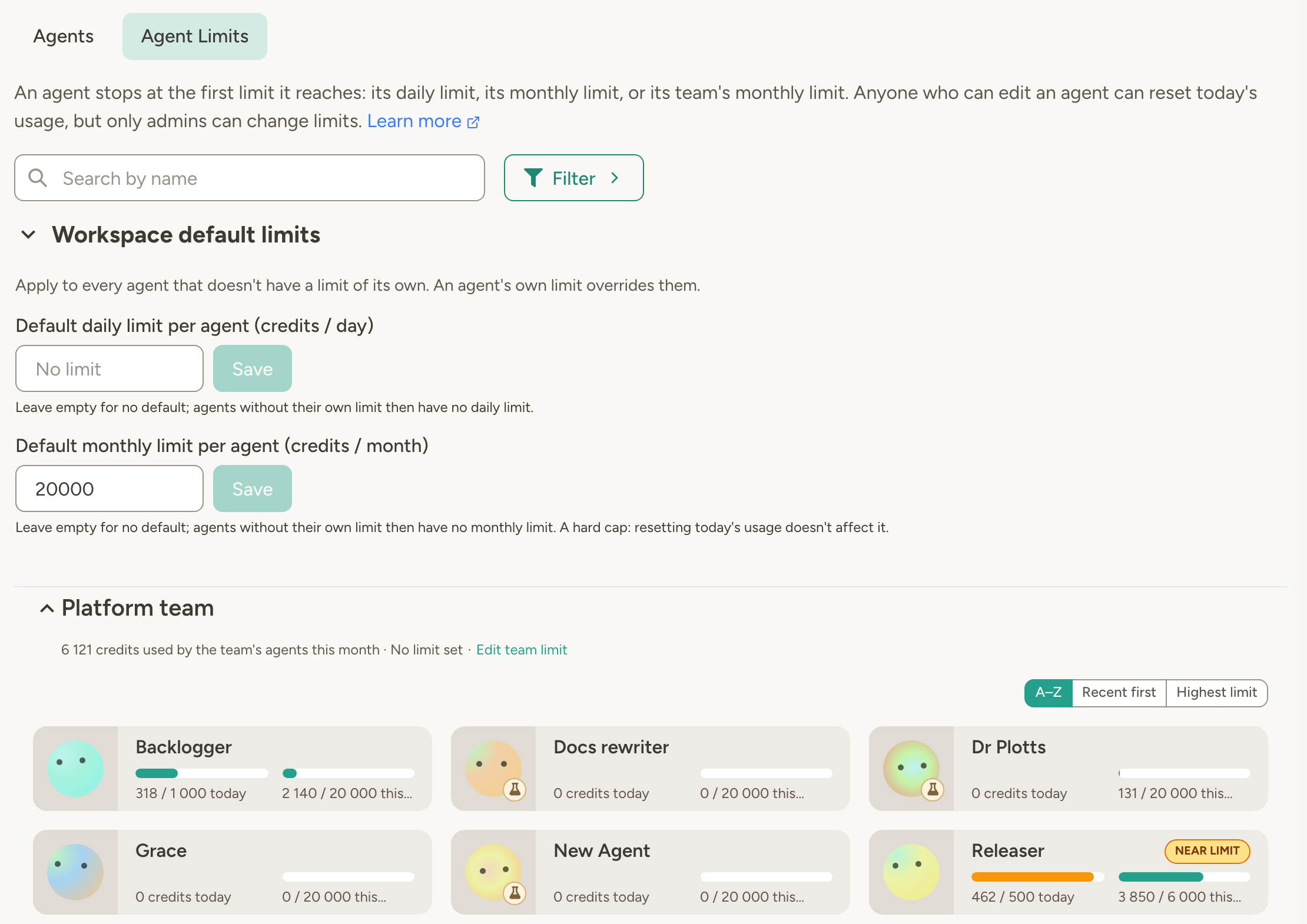 Agent Limits tab: a workspace default of 20,000 credits per agent per month, and Platform team agents with usage bars. Releaser is near its daily limit of 500 credits