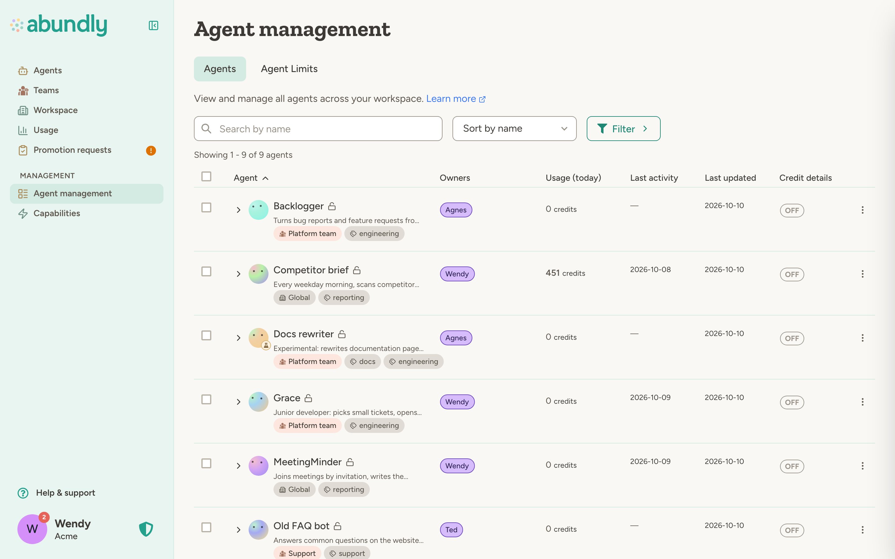 Agent management page showing the Agents tab with a list of agents, their status, who can open them, and capabilities