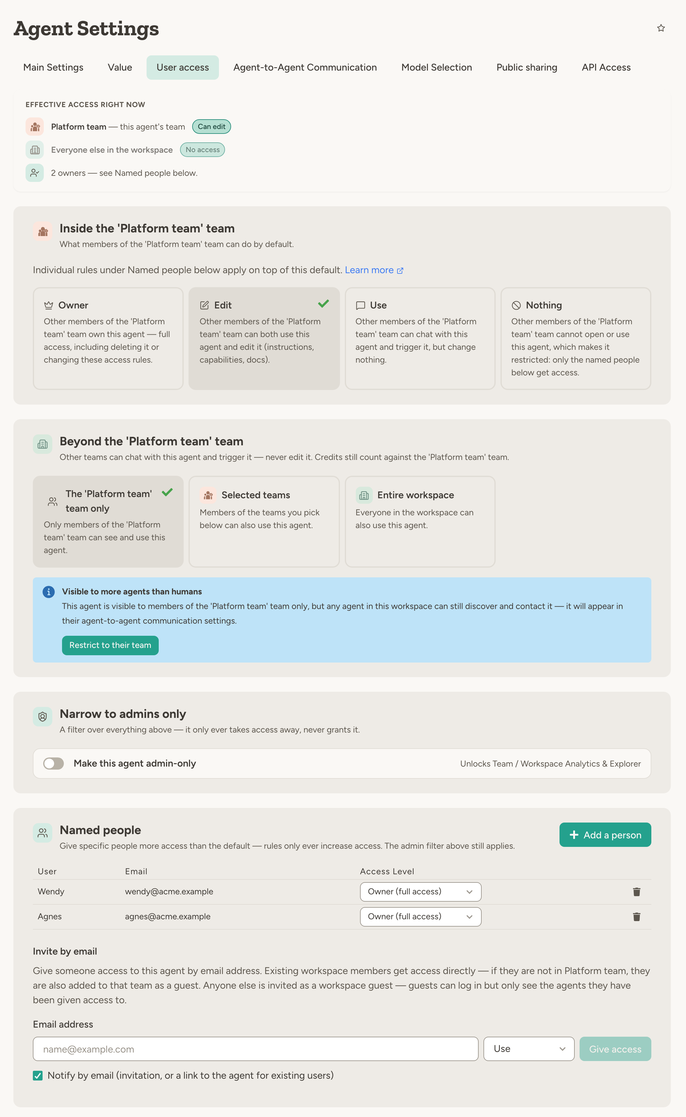 The whole User access tab of a team agent: Effective access right now, Inside the team (default access, set to Edit), Beyond the team, Narrow to admins only, Named people with two owners, and Invite by email