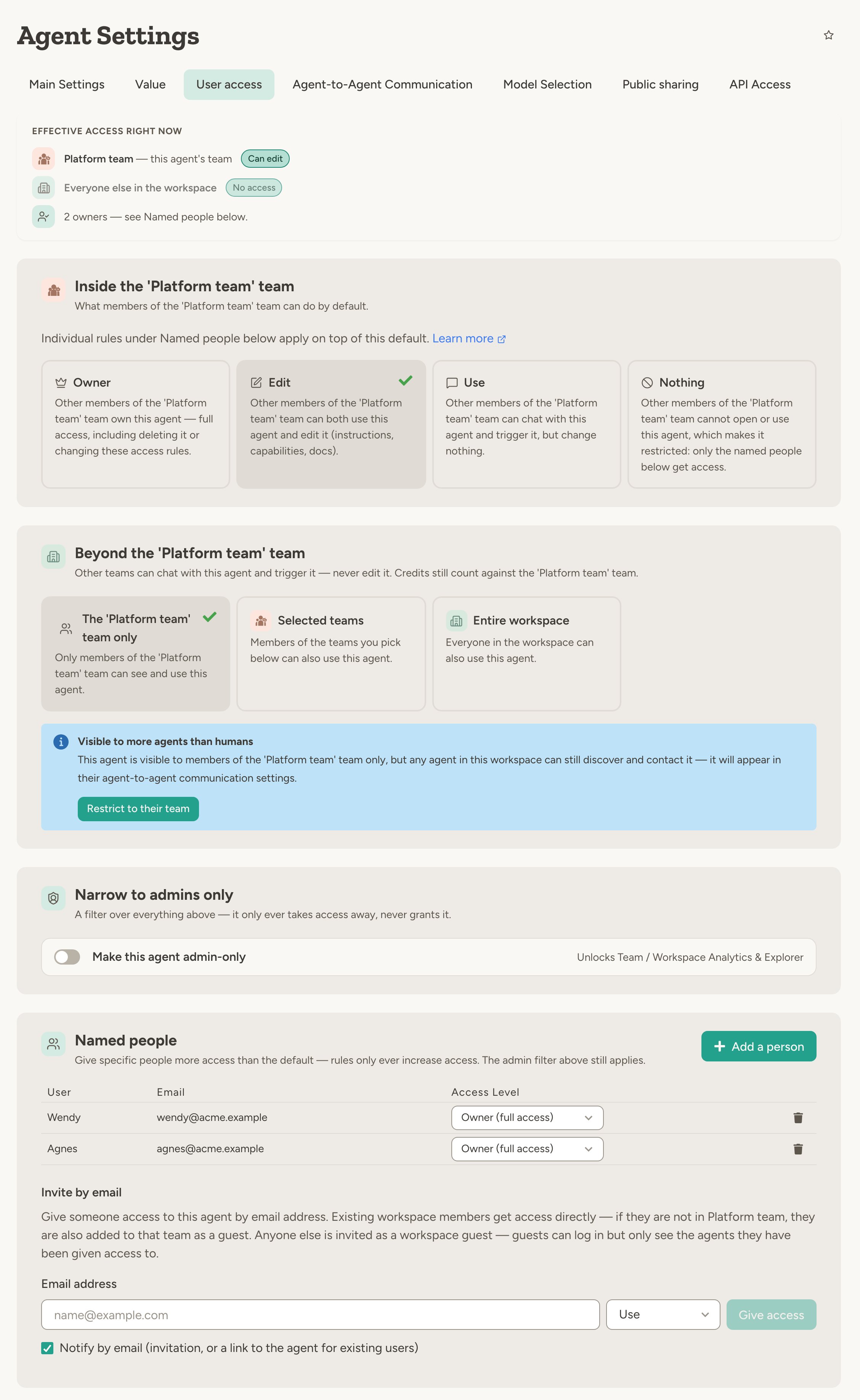 The whole User access tab of a team agent: Effective access right now, Inside the team (default access, set to Edit), Beyond the team, Narrow to admins only, Named people with two owners, and Invite by email