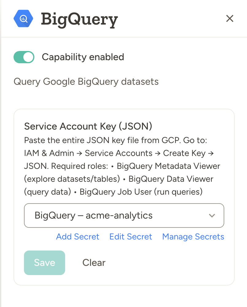 BigQuery capability settings with a workspace secret holding the service account key
