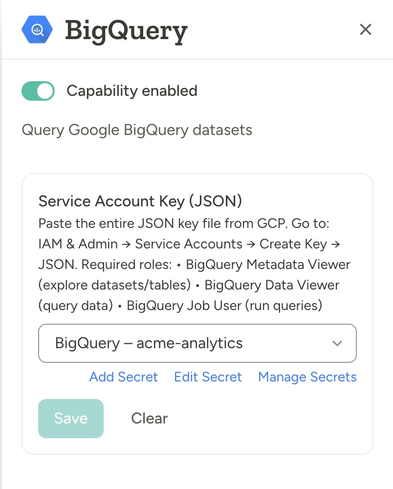 BigQuery capability settings with a workspace secret holding the service account key