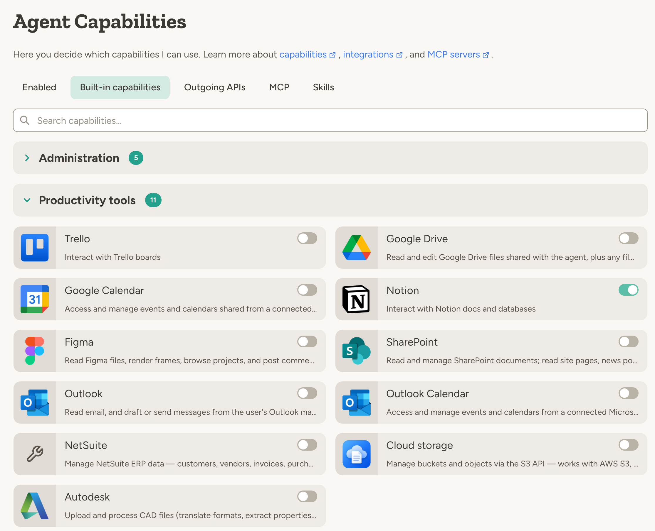 Built-in capabilities tab of an agent: productivity tools such as Trello, Google Drive, Notion, SharePoint and Outlook, each with an on/off switch, and Notion turned on