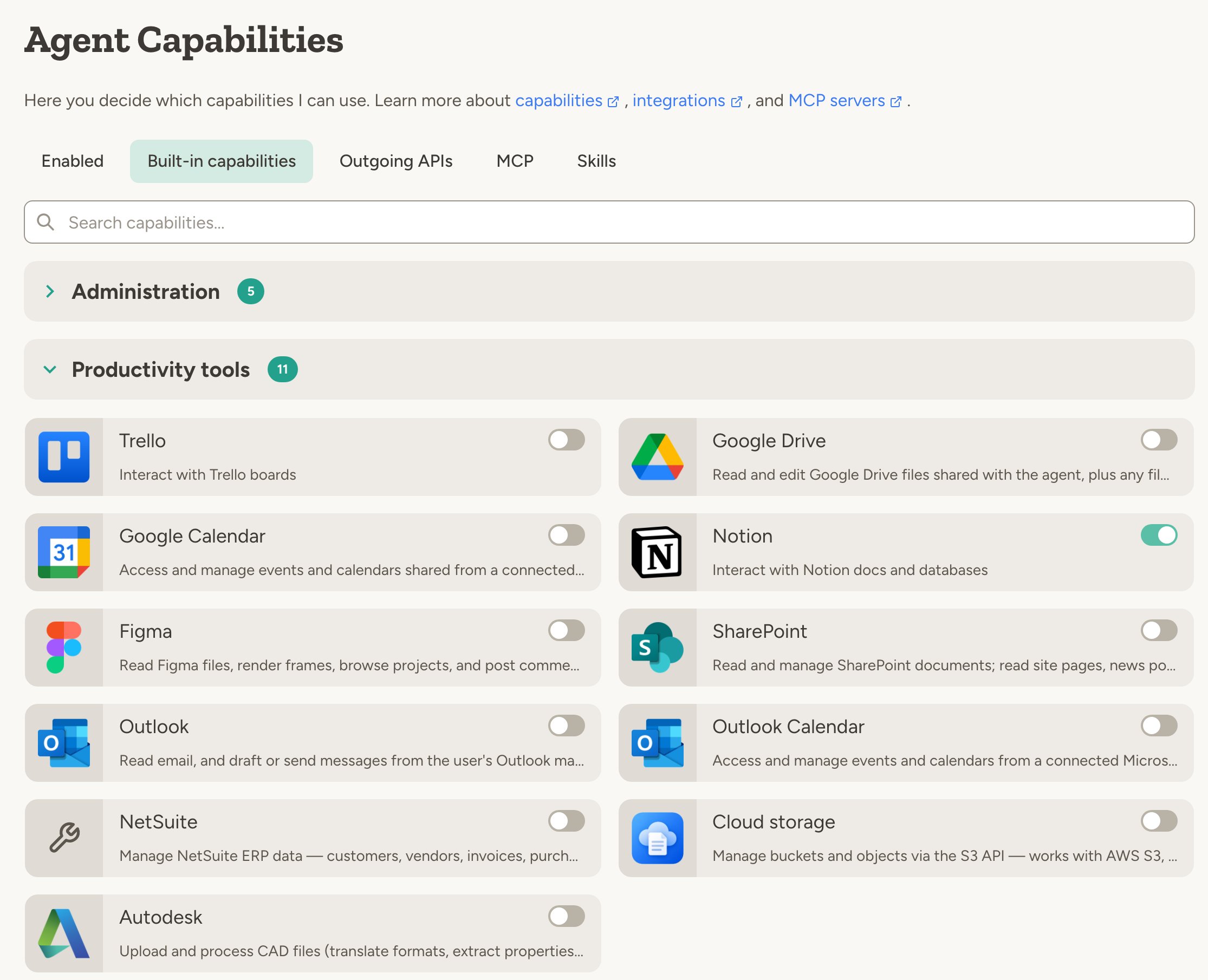 Built-in capabilities tab of an agent: productivity tools such as Trello, Google Drive, Notion, SharePoint and Outlook, each with an on/off switch, and Notion turned on