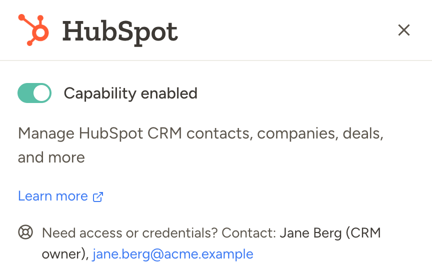HubSpot capability panel with the line: Need access or credentials? Contact: Jane Berg (CRM owner), jane.berg@acme.example