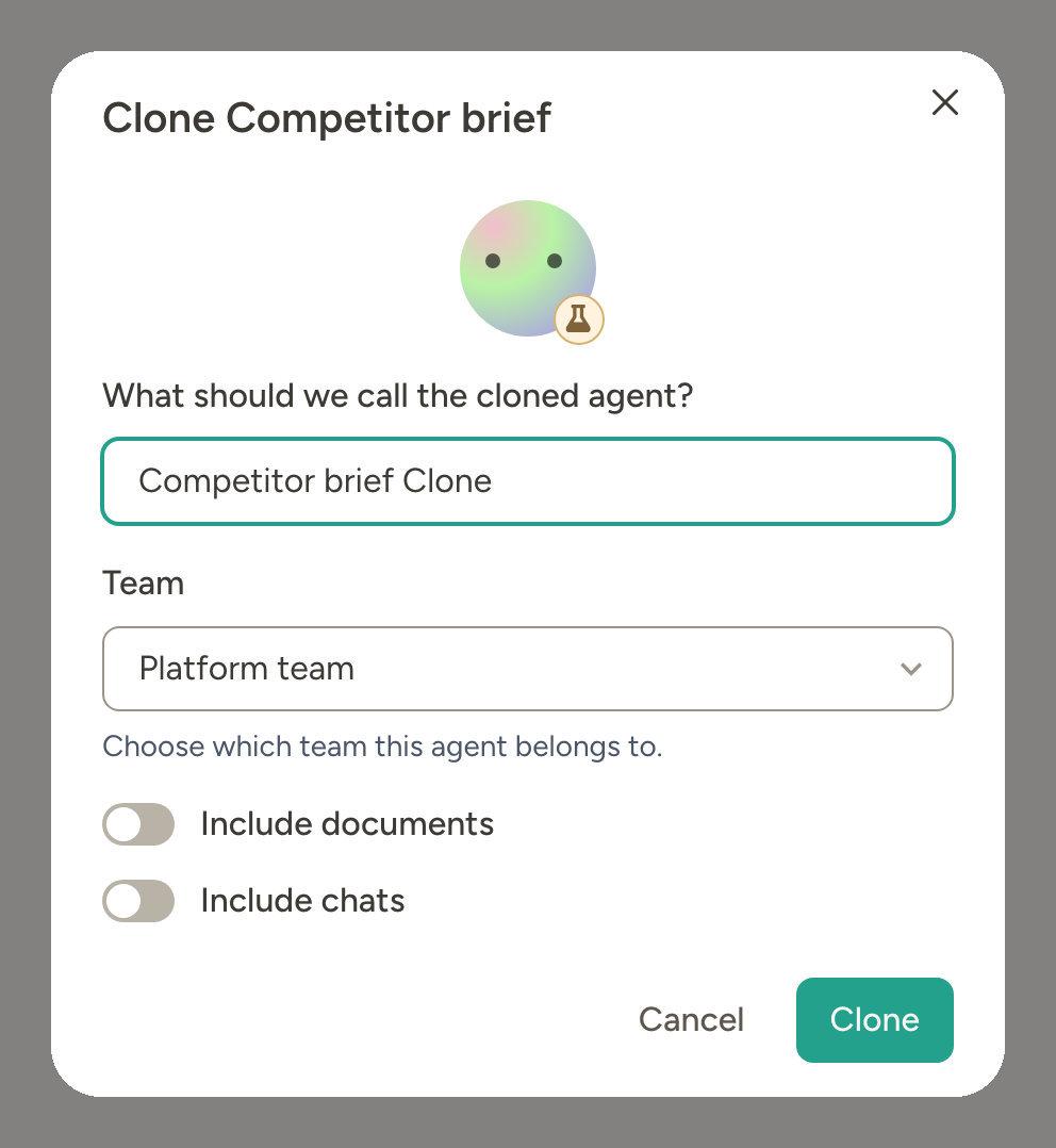 Clone agent modal showing options to name the cloned agent and select which workspace to clone it to