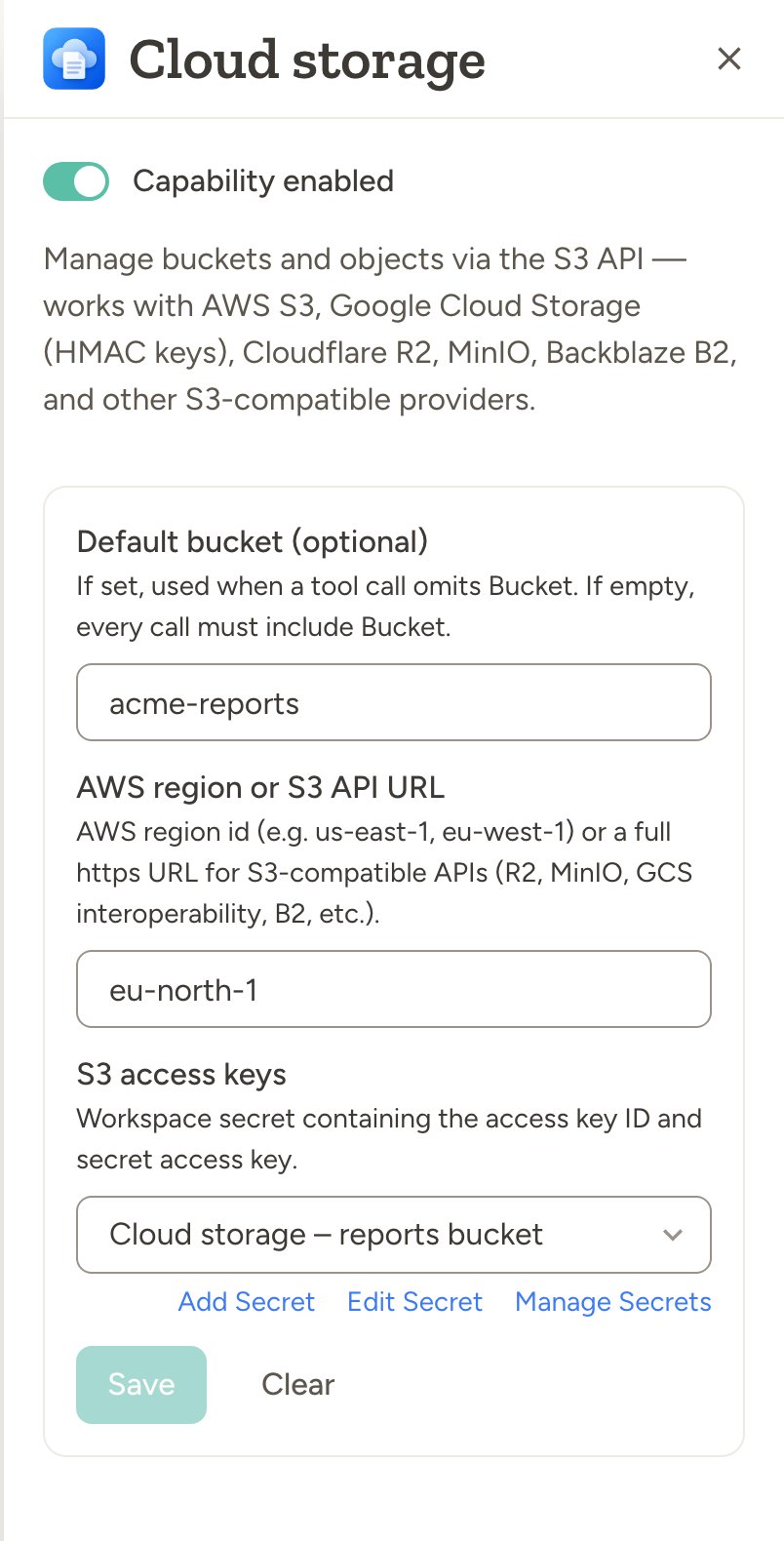 Cloud storage capability settings with a default bucket, an AWS region, and a workspace secret holding the S3 access keys