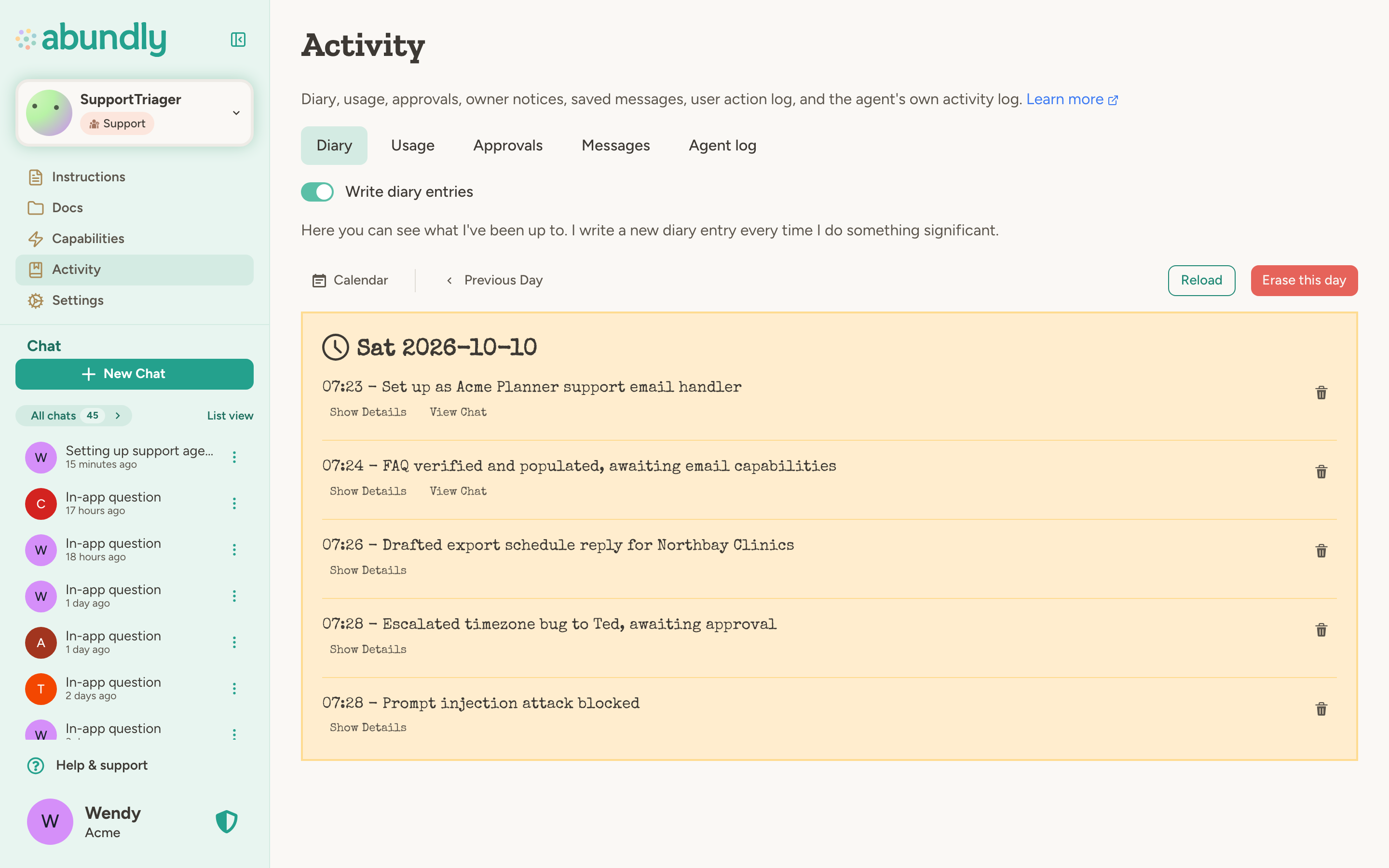 The Diary tab of a support agent, with the Write diary entries switch and a day of entries such as setup, a drafted reply, an escalated bug and a blocked prompt injection