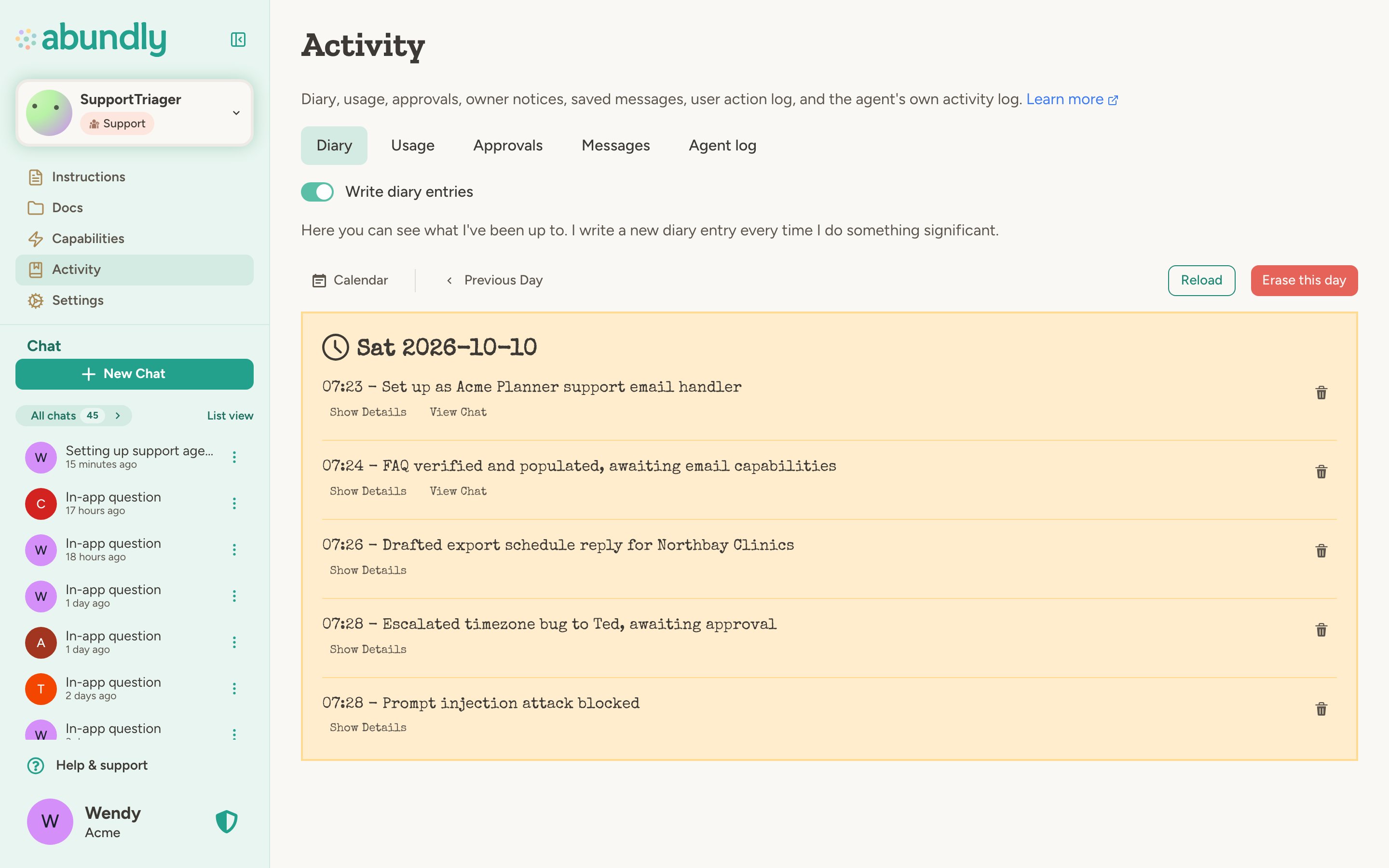 The Diary tab of a support agent, with the Write diary entries switch and a day of entries such as setup, a drafted reply, an escalated bug and a blocked prompt injection