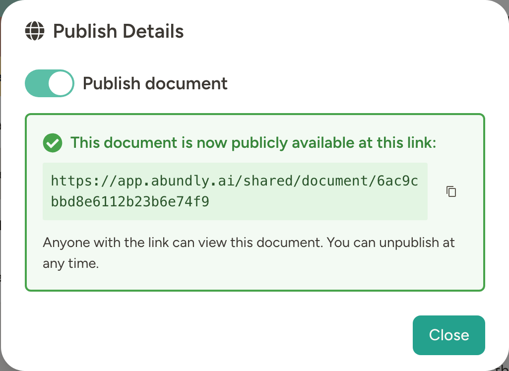 Publish document dialog