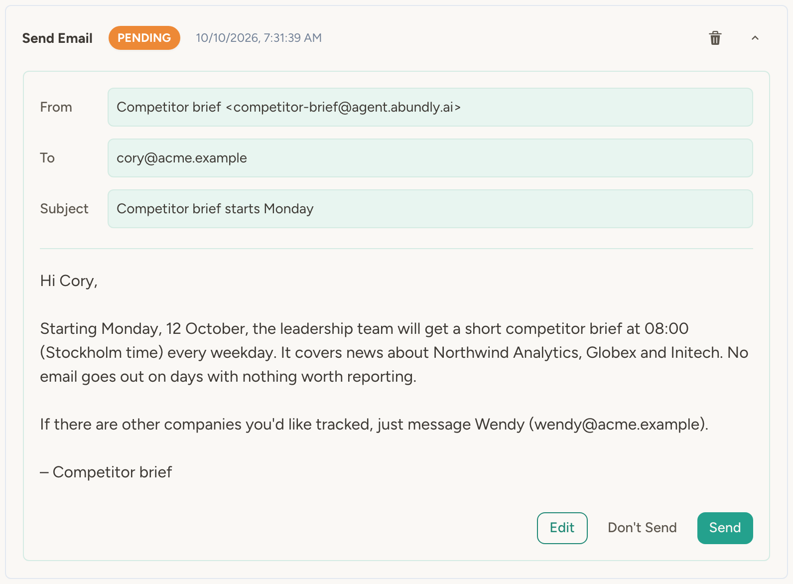 Email approval request widget showing the pending email with Approve and Reject buttons