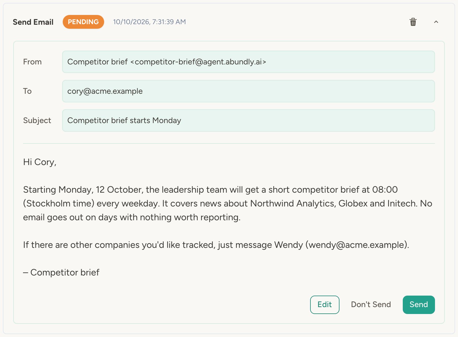Email approval request widget showing the pending email with Approve and Reject buttons