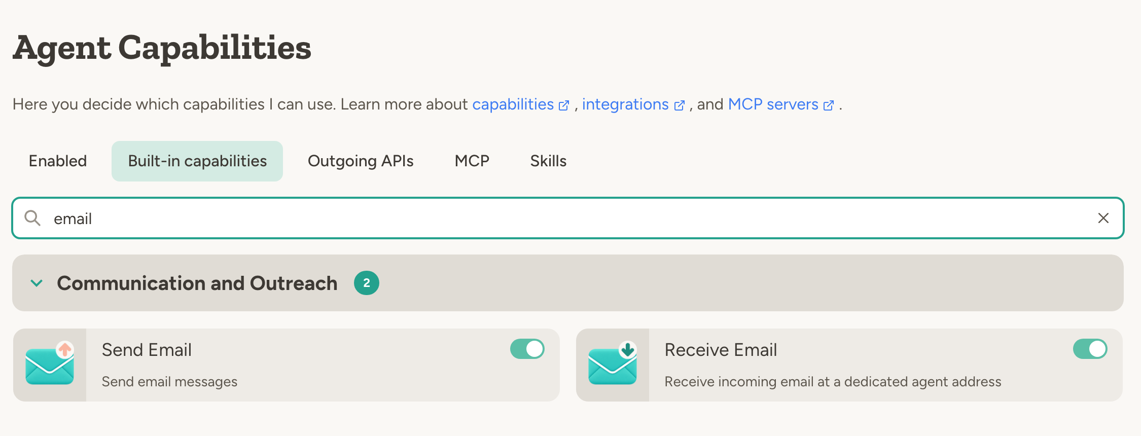 Email capabilities showing Send Email and Receive Email toggles