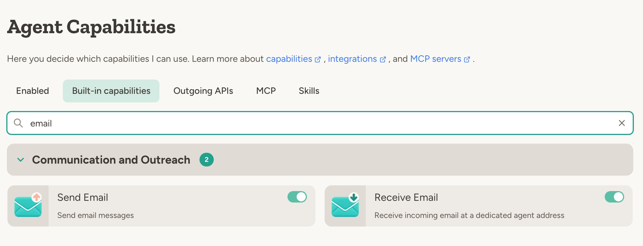 Email capabilities showing Send Email and Receive Email toggles