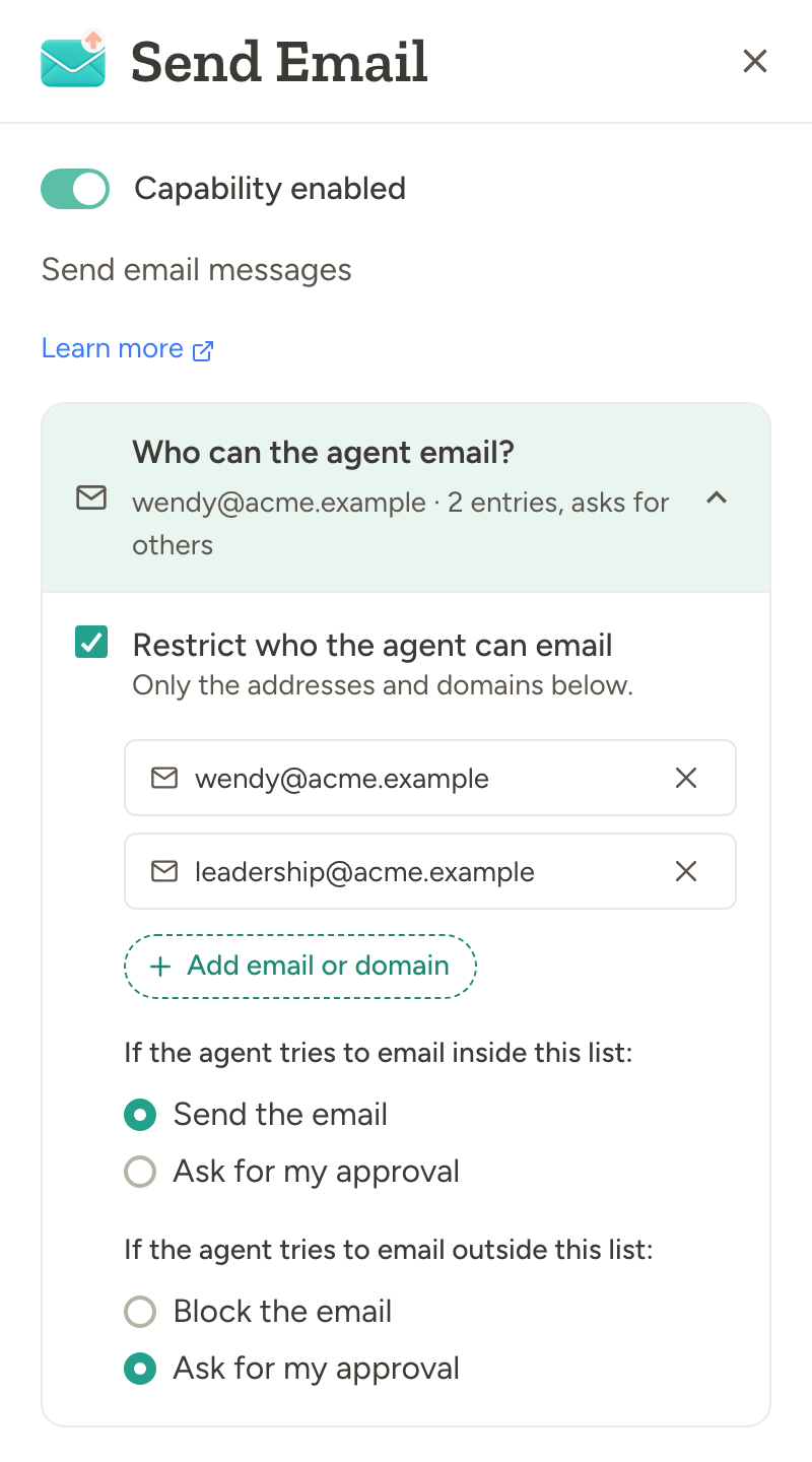 Send Email capability settings showing allowed recipients and approval options