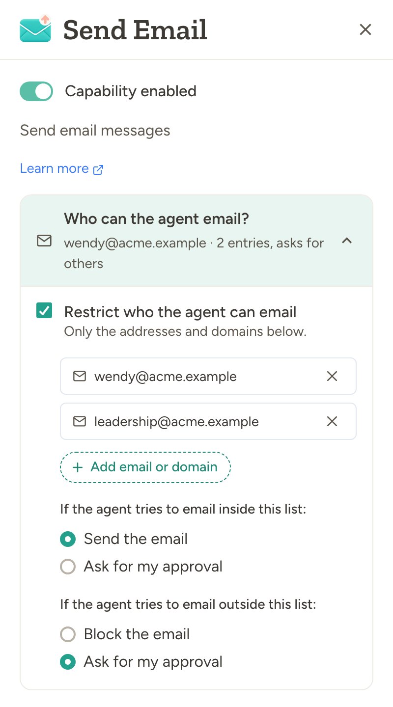 Send Email capability settings showing allowed recipients and approval options