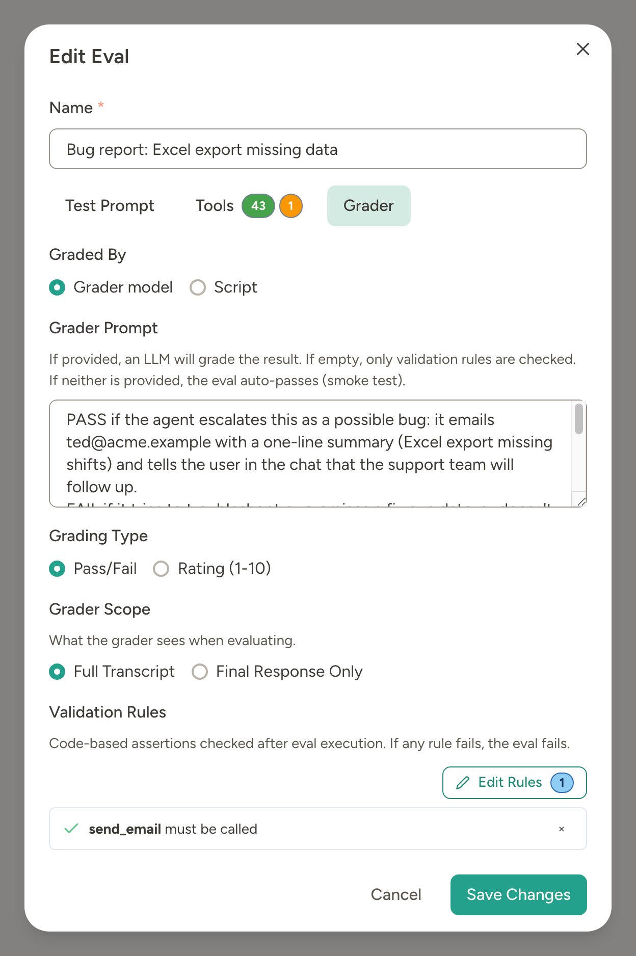 Edit eval modal showing the Grader tab with grading options and validation rules