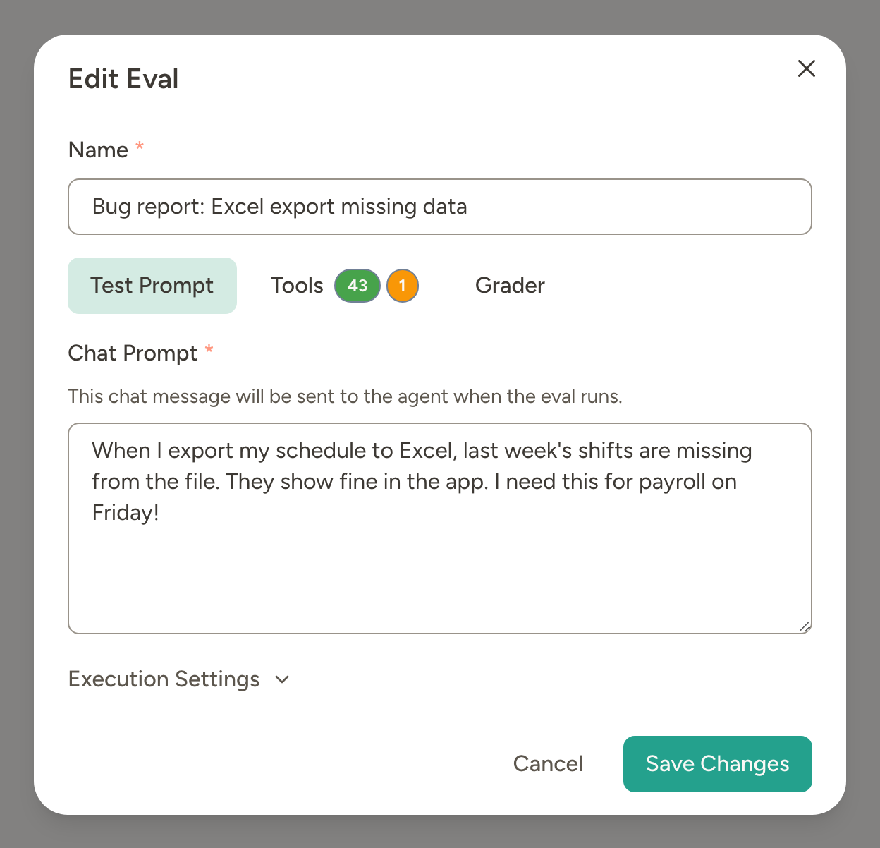 Edit eval modal showing the Test Prompt tab, with a short chat message as the prompt