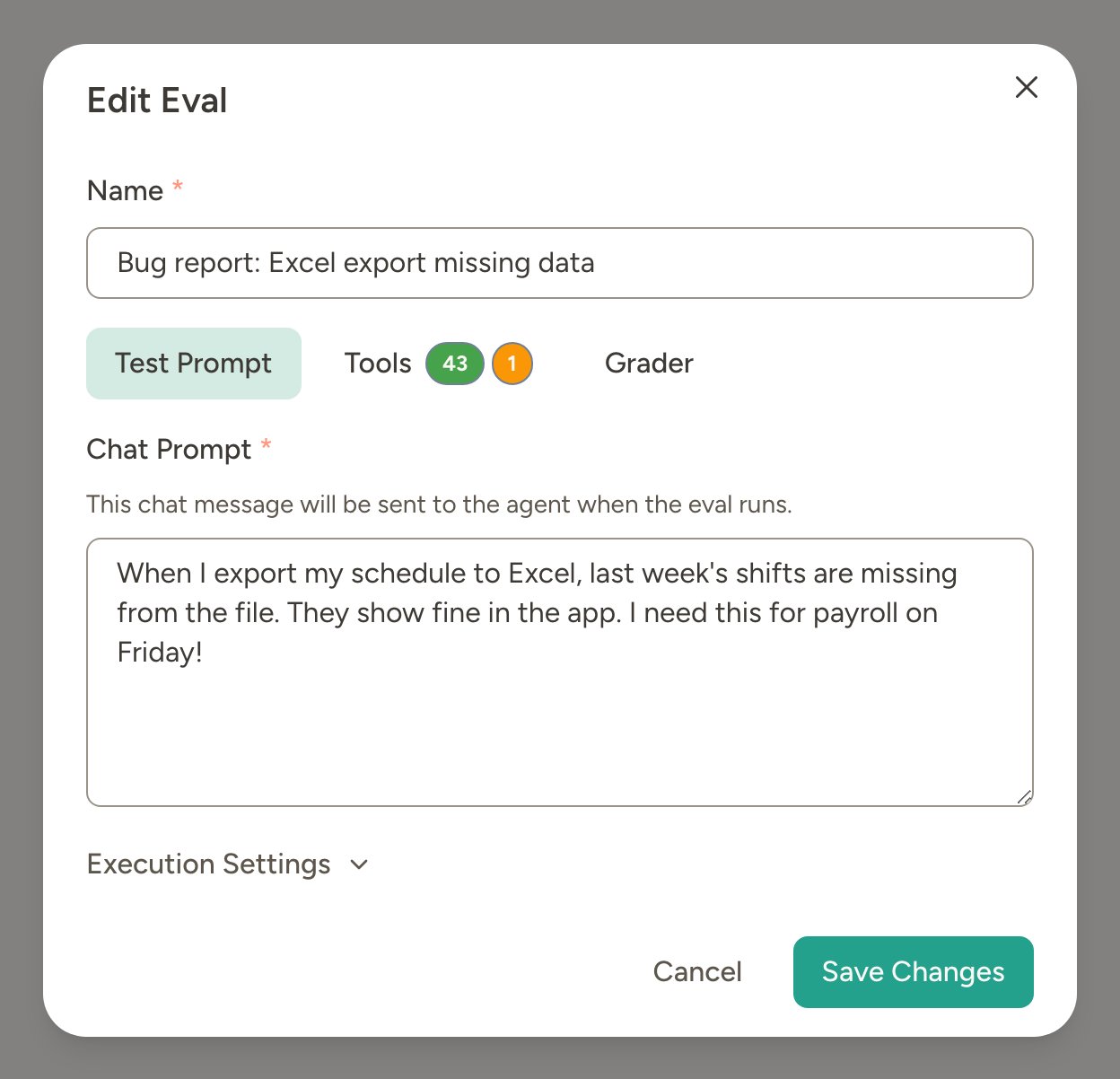 Edit eval modal showing the Test Prompt tab, with a short chat message as the prompt