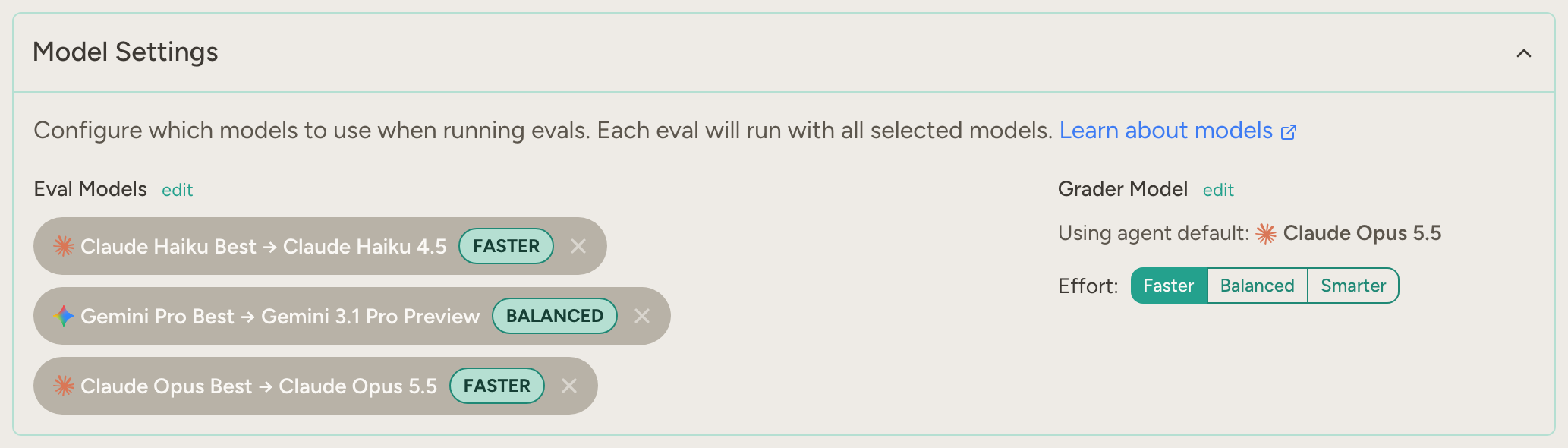 Model Settings with three eval models (Claude Haiku, Gemini Pro and Claude Opus) and Claude Opus as the grader