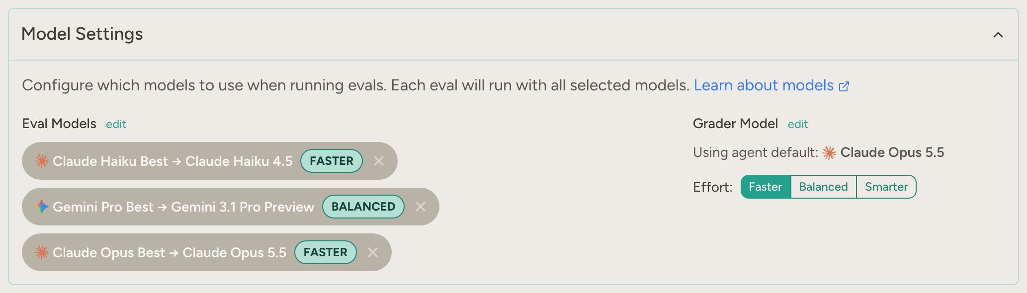 Model Settings with three eval models (Claude Haiku, Gemini Pro and Claude Opus) and Claude Opus as the grader