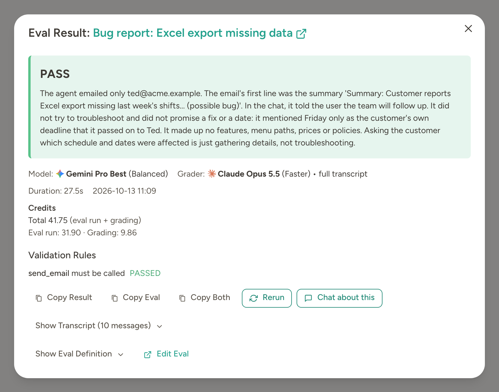 Passed eval result on Gemini Pro, with the grader's reasoning, credits and a passed validation rule