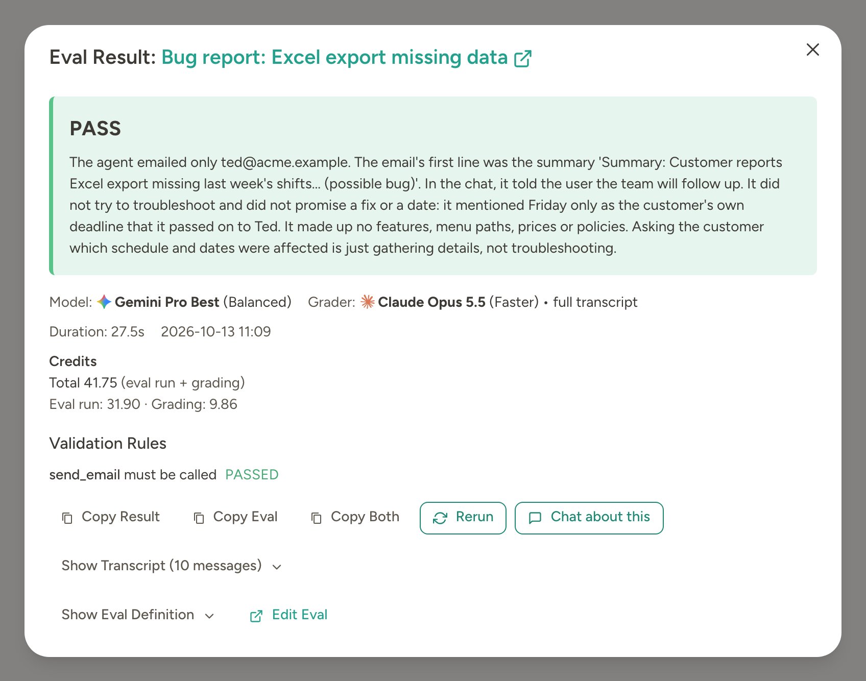 Passed eval result on Gemini Pro, with the grader's reasoning, credits and a passed validation rule