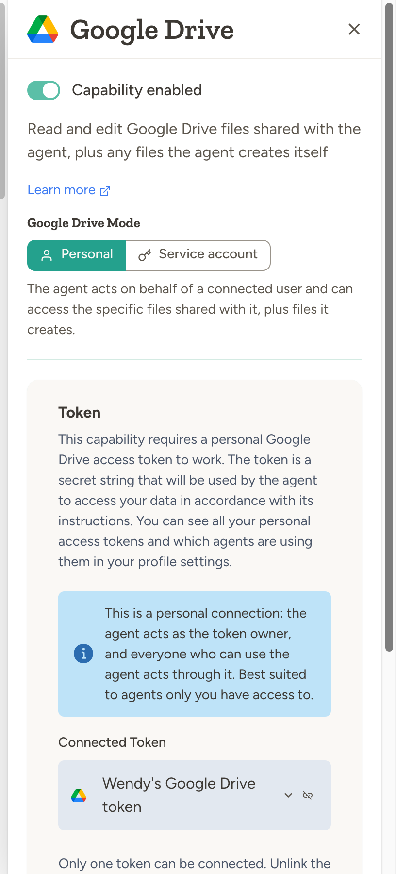 Google Drive capability settings with the Personal and Service account modes and the personal access token section