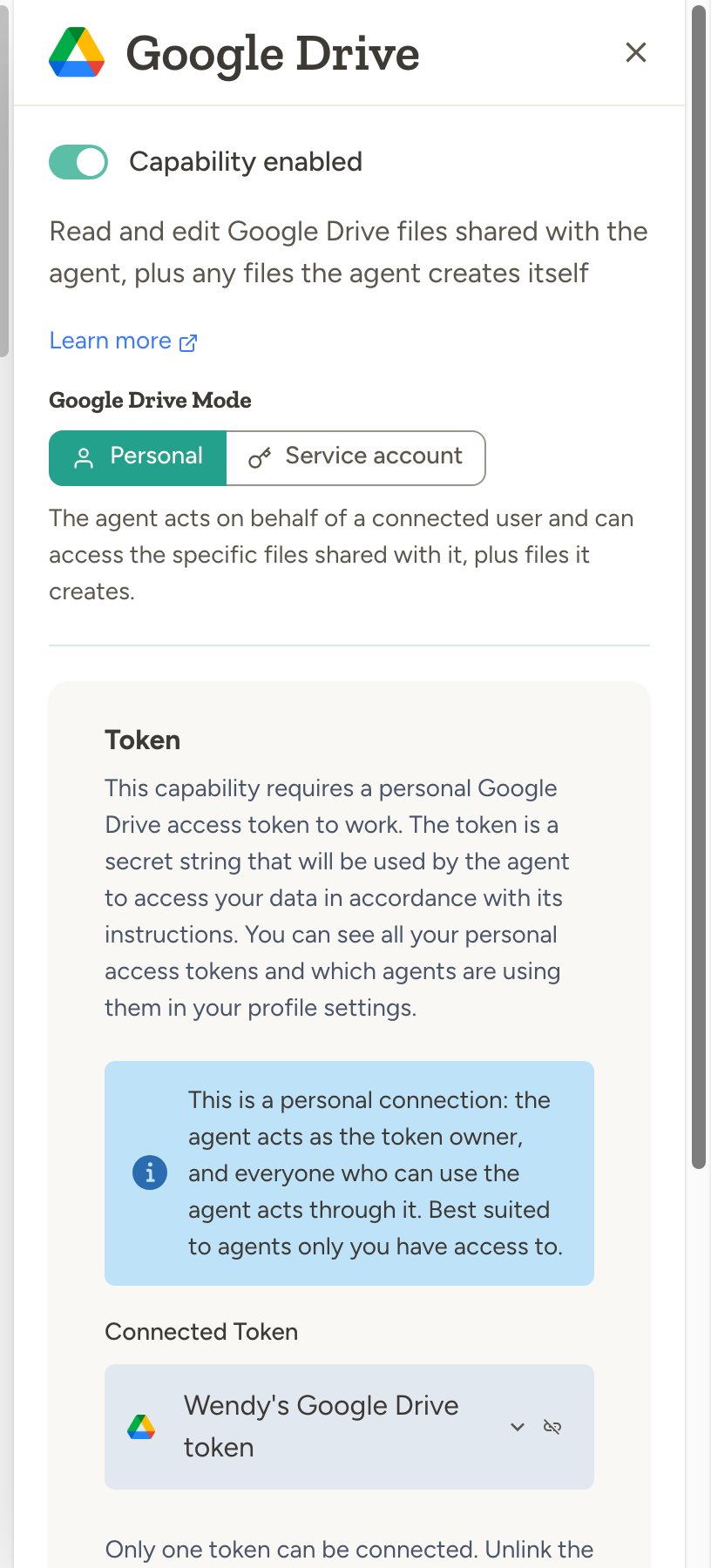 Google Drive capability settings with the Personal and Service account modes and the personal access token section