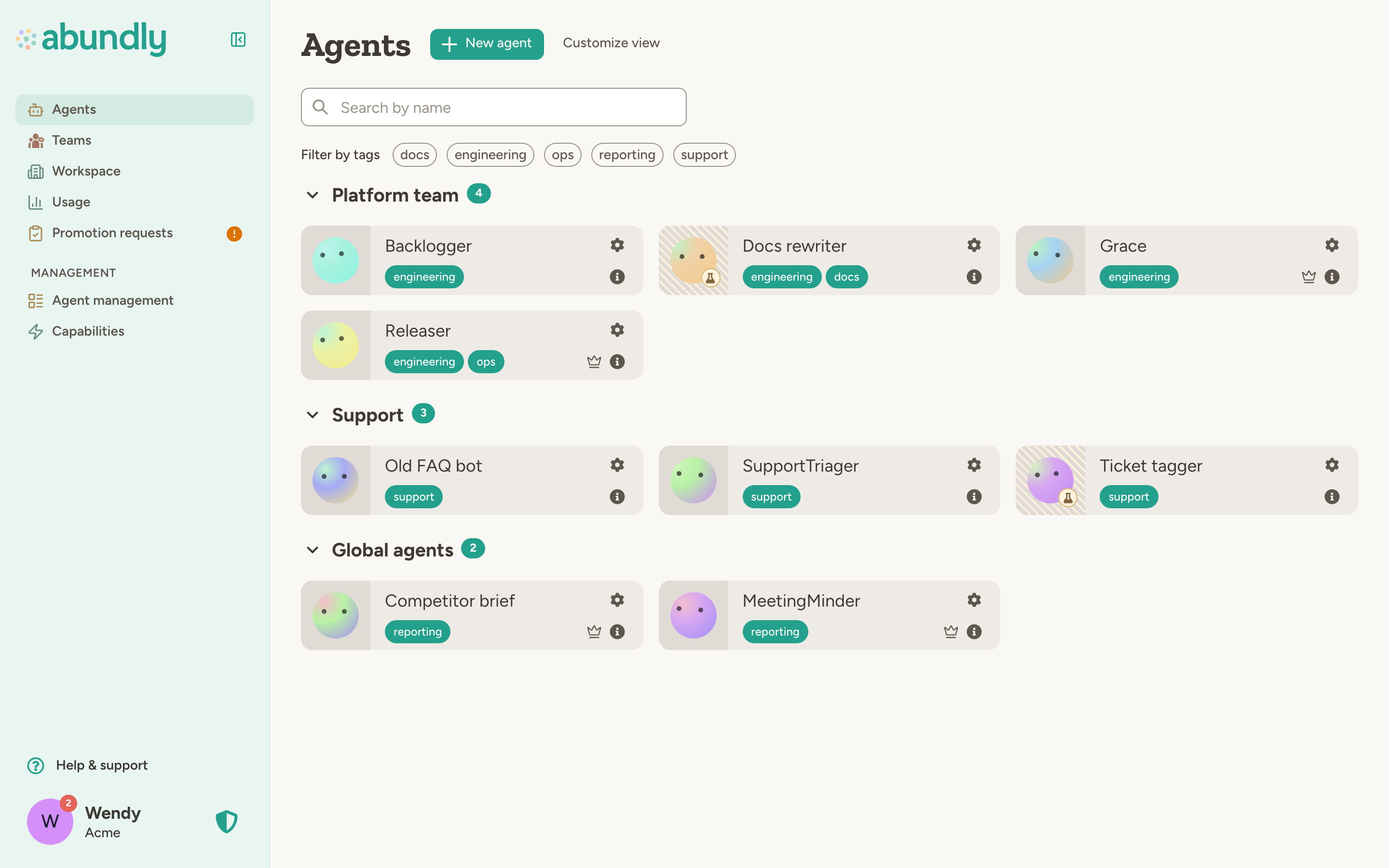 Agents page showing agents grouped by team: Platform team, Support, and global agents