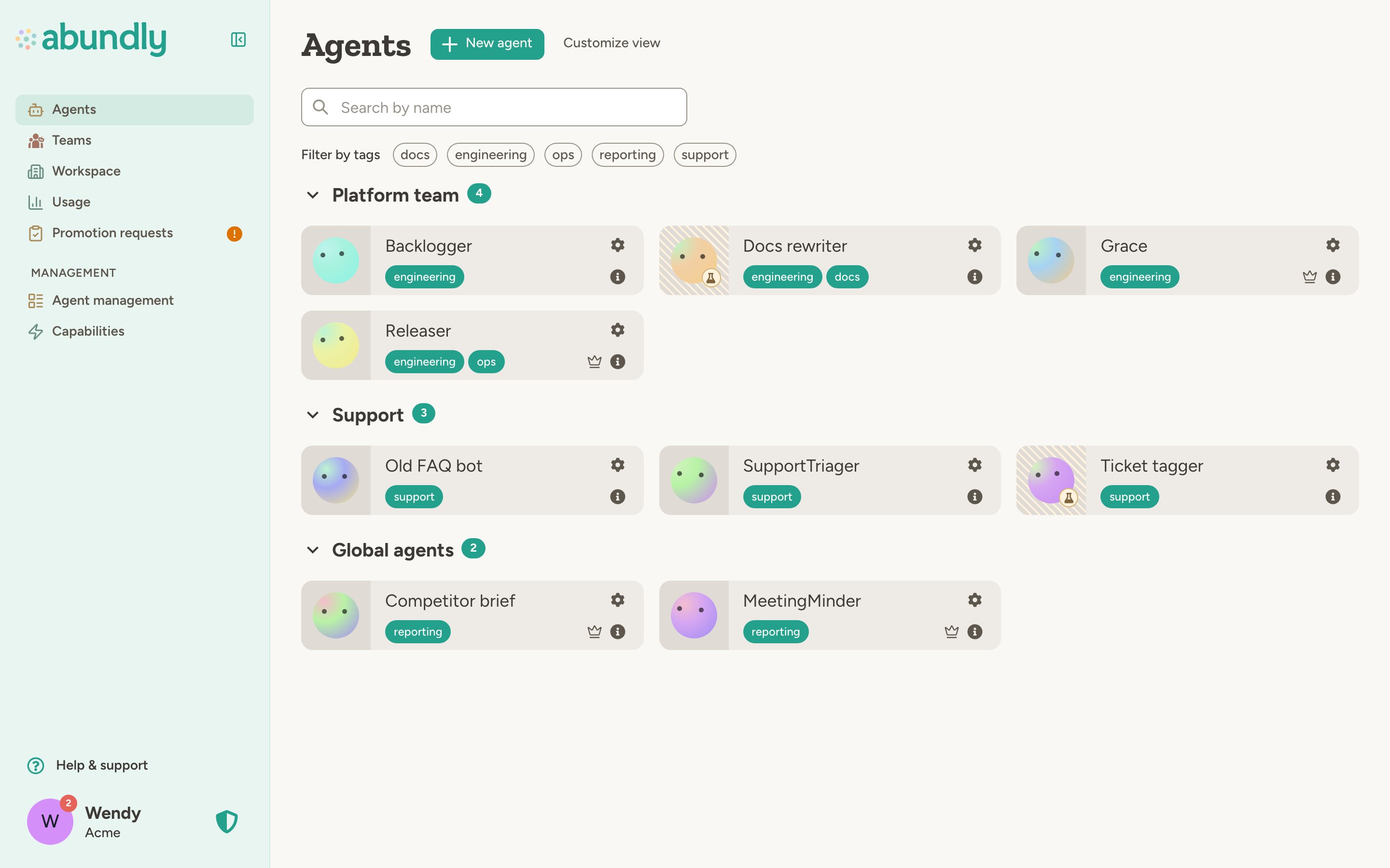Agents page showing agents grouped by team: Platform team, Support, and global agents