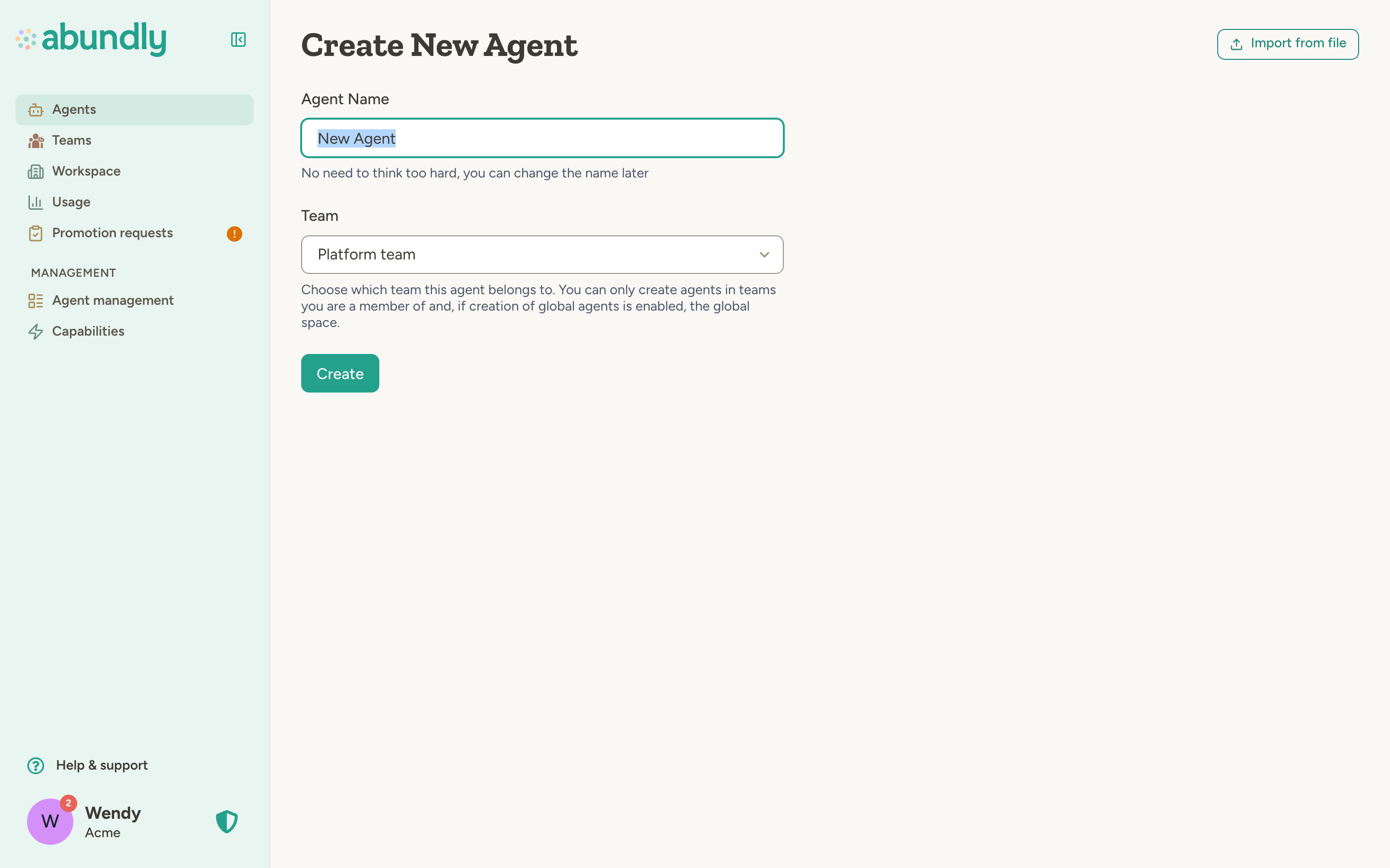 Create New Agent form showing a Team dropdown to select which team the agent belongs to