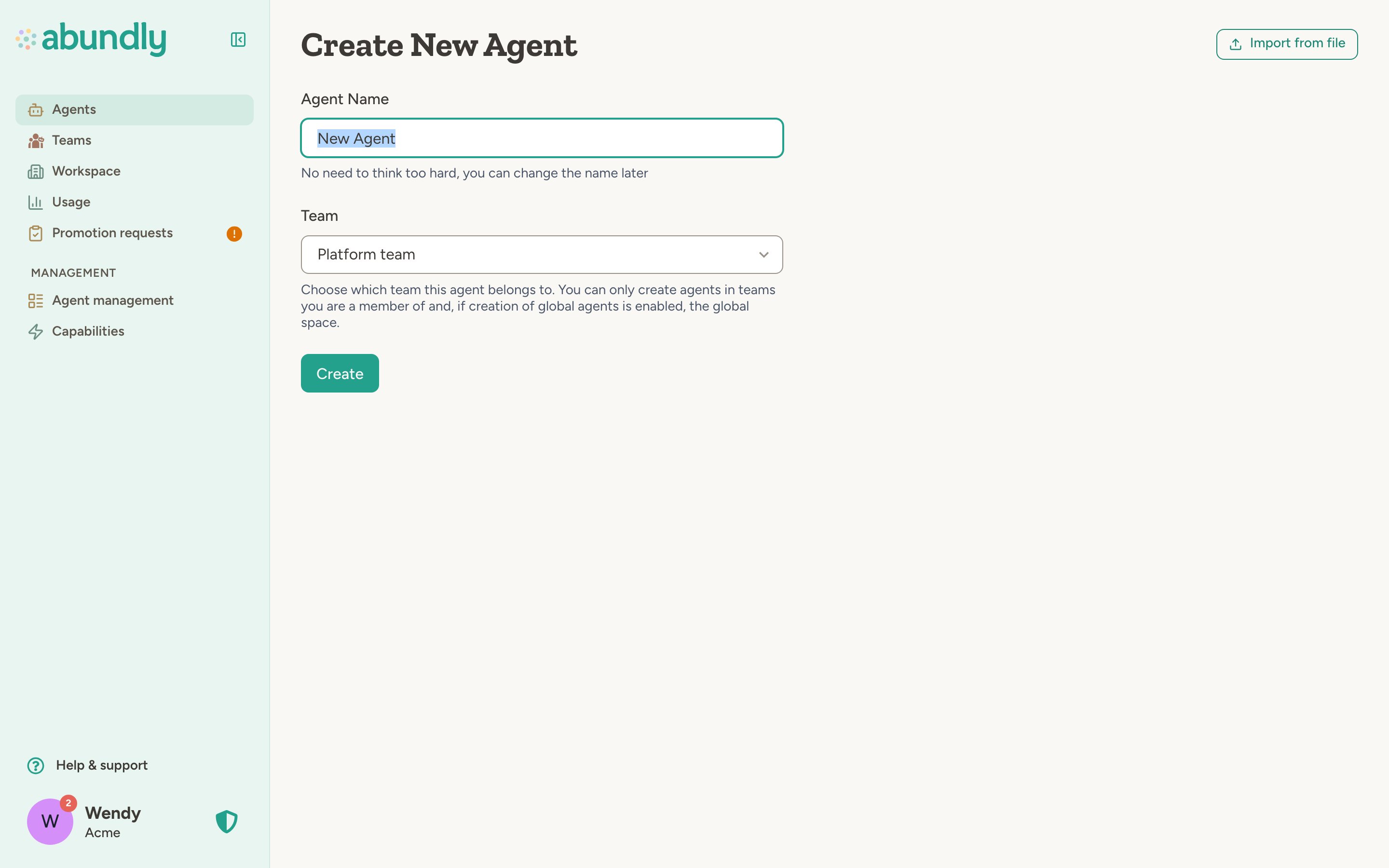 Create New Agent form showing a Team dropdown to select which team the agent belongs to