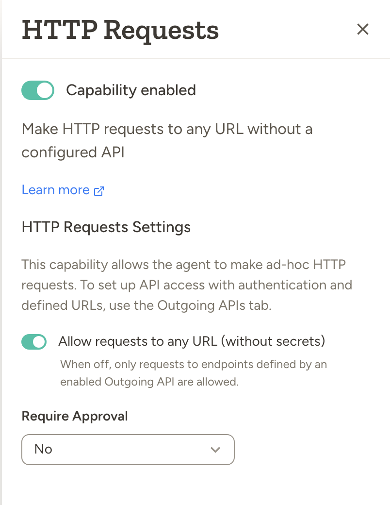 HTTP requests settings showing Require Approval and allow unrestricted requests options