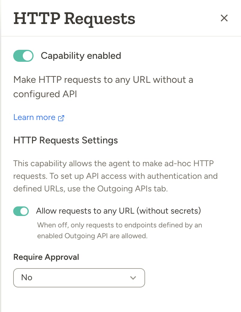 HTTP requests settings showing Require Approval and allow unrestricted requests options